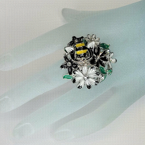 PETALS and Bee Stretch Ring Enamel Multi Dimensional White Black Stretch Band